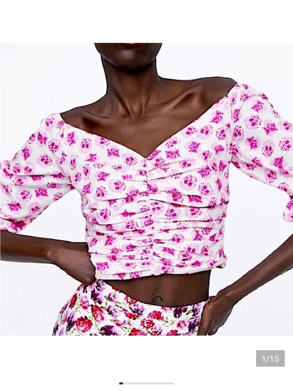 Zara Pink Floral Ruched Crop Blouse Off-Shoulder